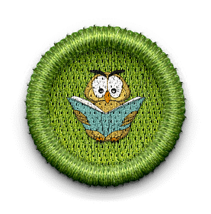 badge with owl reading a book