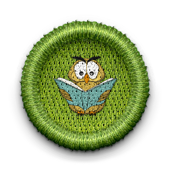 badge with owl reading a book
